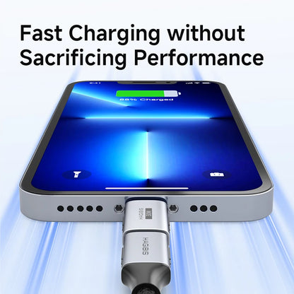 Smartphone with fast charging cable on a white background, emphasizing fast charging without compromising performance.
