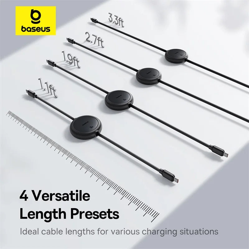 Baseus charging cables with adjustable lengths shown next to a ruler on a white background