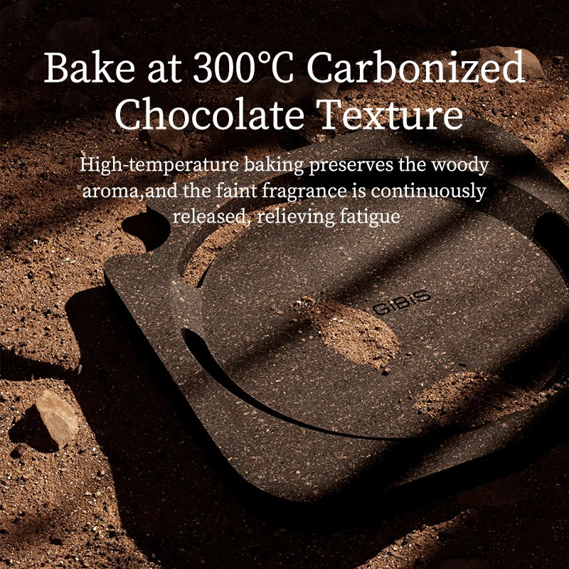 Carbonized chocolate texture with text about high-temperature baking