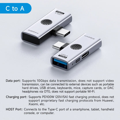 Two USB-C adapters on a light gray background with text describing their features.