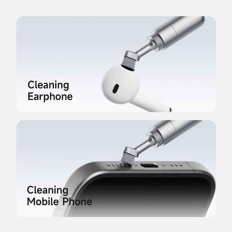 Cleaning tool being used to clean a white earphone and a smartphone.