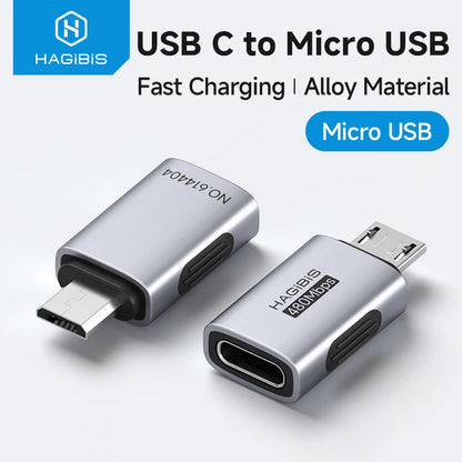 USB C to Micro USB adapter with Hagibis branding on a white background