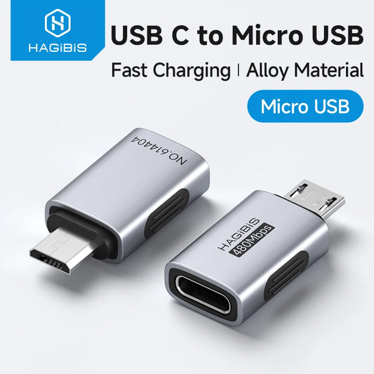 USB C to Micro USB adapter with Hagibis branding on a white background