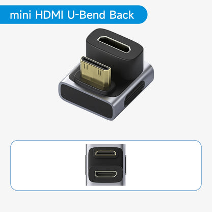 Mini HDMI U-Bend Back adapter on a white background with blue accents