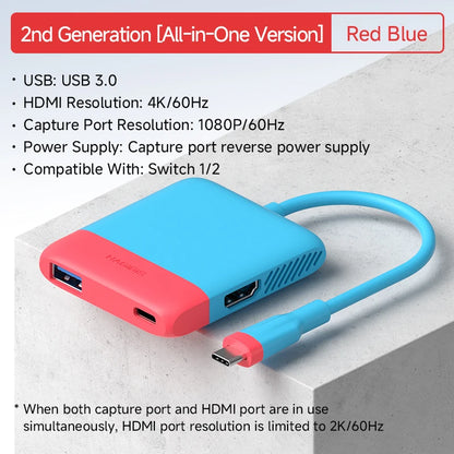 Blue and red USB 3.0 device with HDMI and capture port on a light gray background