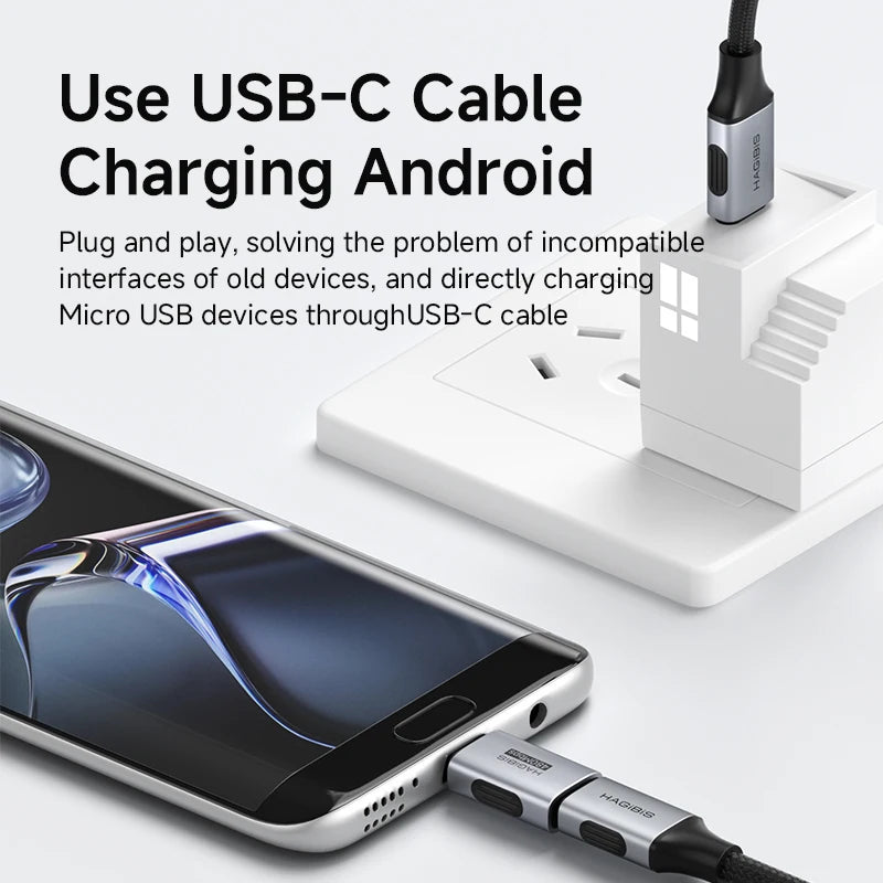 Smartphone charging with USB-C cable on a white surface, with text explaining its compatibility with Android devices.