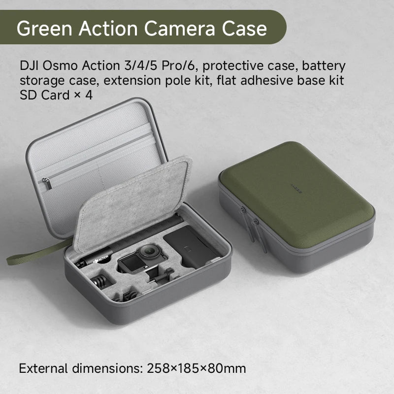 Green action camera case with DJI Osmo Action camera components on a light gray background