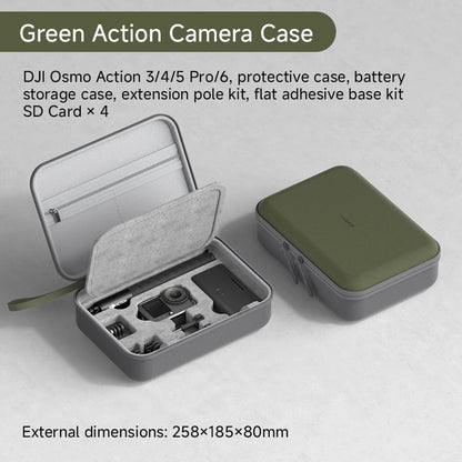 Green action camera case with DJI Osmo Action camera components on a light gray background