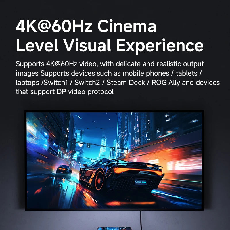 Monitor displaying a high-resolution cityscape with a car, text about 4K@60Hz visual experience.