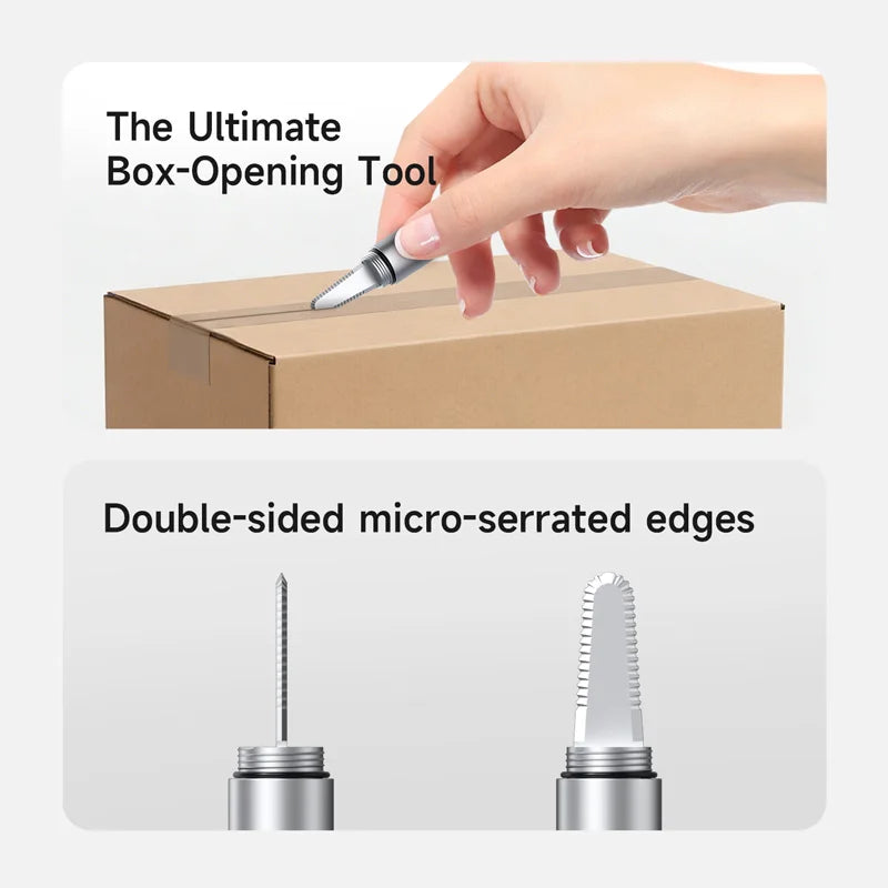 Hand using a box-opening tool on a cardboard box with text highlighting features.