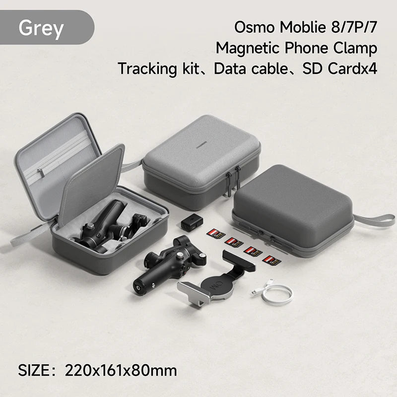 Osmo Mobile 8/7P/7 magnetic phone clamp tracking kit with accessories on a light gray background.