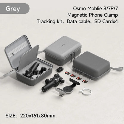 Osmo Mobile 8/7P/7 magnetic phone clamp tracking kit with accessories on a light gray background.