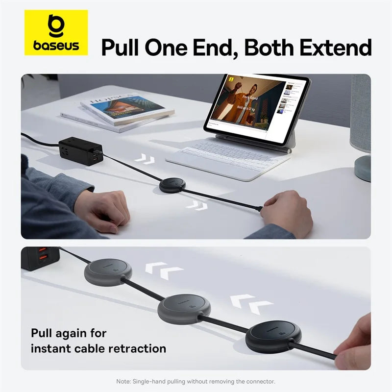Baseus cable management system with hands demonstrating cable extension and retraction on a desk.