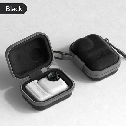 Black carrying case with a white device inside on a light gray background
