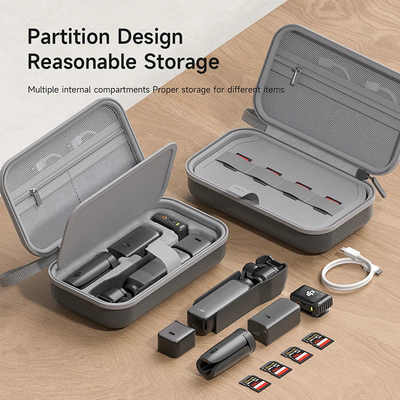 Gray carrying case with partition design on a wooden surface