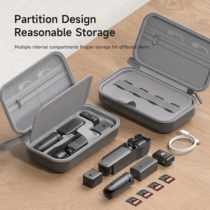 Gray carrying case with partition design on a wooden surface