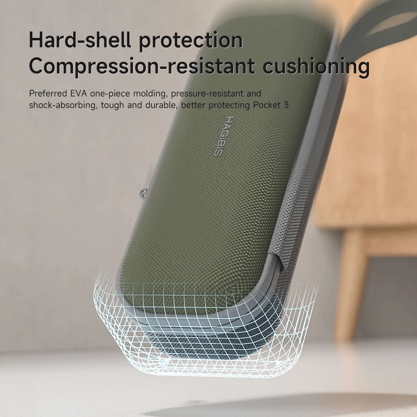 Green phone case with hard-shell protection and compression-resistant cushioning on a neutral background
