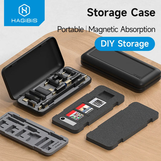 HAGIBIS portable magnetic storage case set shown on a light wood surface, with the case open to reveal internal slots, foam inserts, and accessories; a closed case, a foam insert, and a gray lid are also displayed. Text on the image reads 'Storage Case', 'Portable | Magnetic Absorption', and 'DIY Storage'.