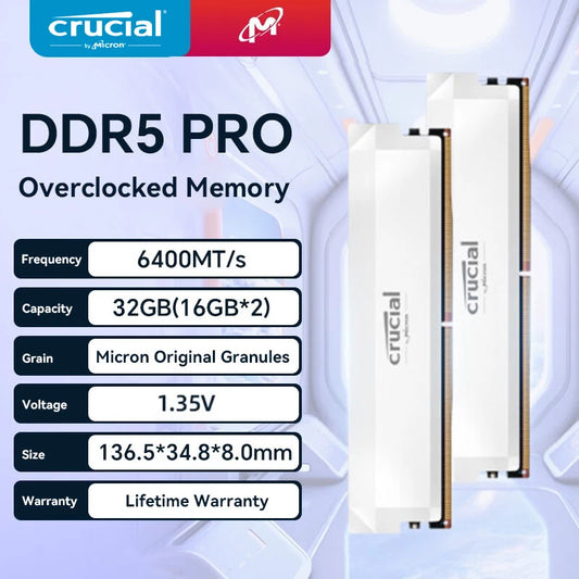 Crucial DDR5 Pro overclocked memory with specifications on a light blue background