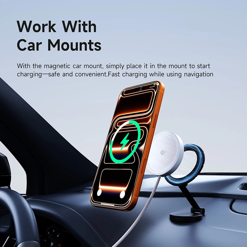Phone with magnetic car mount on a car dashboard, text about safe and convenient charging.