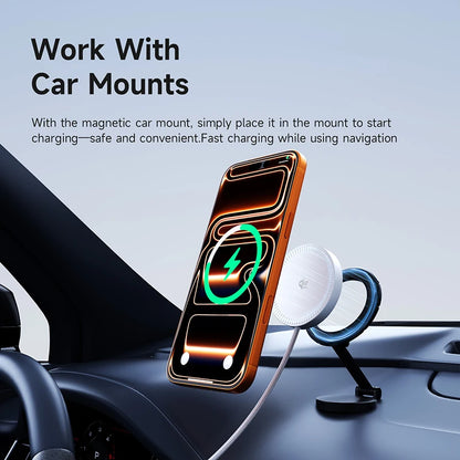 Phone with magnetic car mount on a car dashboard, text about safe and convenient charging.