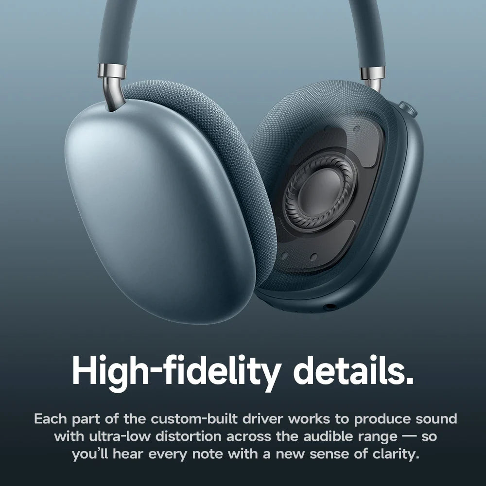 Blue headphones with text about high-fidelity details on a dark background