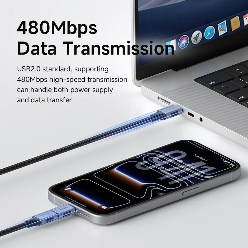 Phone with USB cable connected to laptop displaying 480Mbps data transmission.