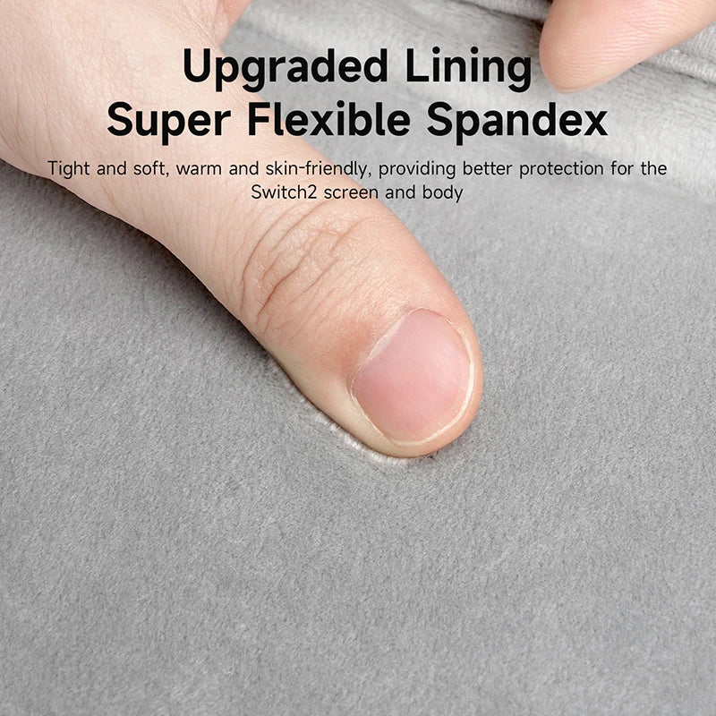 Super flexible spandex material with a finger for scale, text about upgraded lining and benefits.