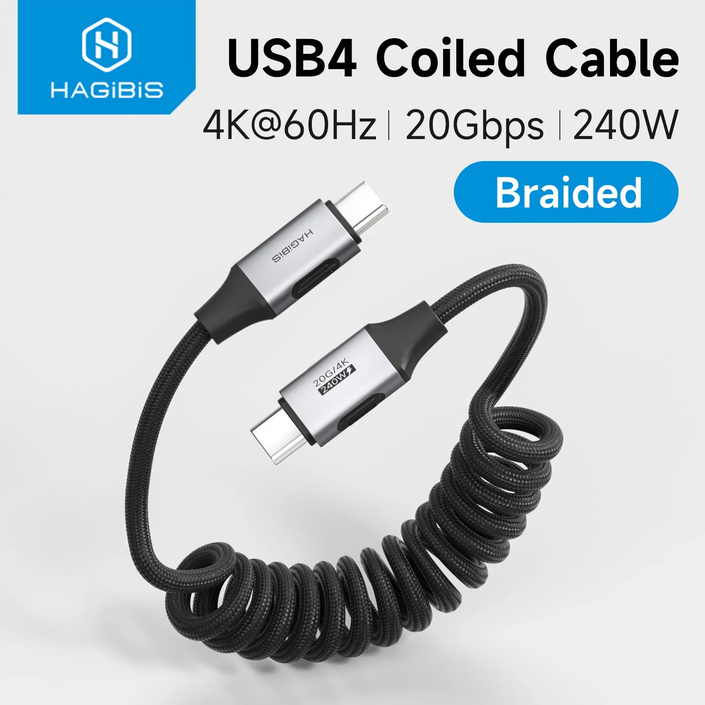 Hagibis USB4 Coiled USB-C Cable 240W 20Gbps