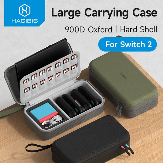 Hagibis large carrying case for Switch 2 with compartments on a wooden surface