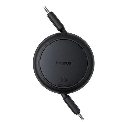 Black retractable USB cable with 'baseus' branding on a white background