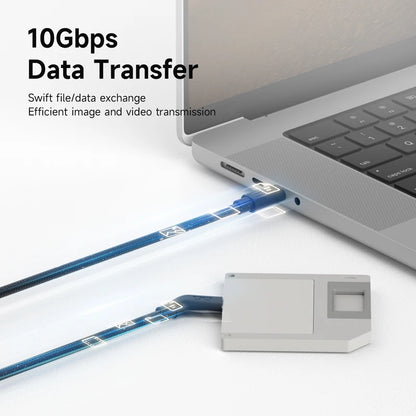 Laptop with a USB drive connected, emphasizing 10Gbps data transfer capabilities.
