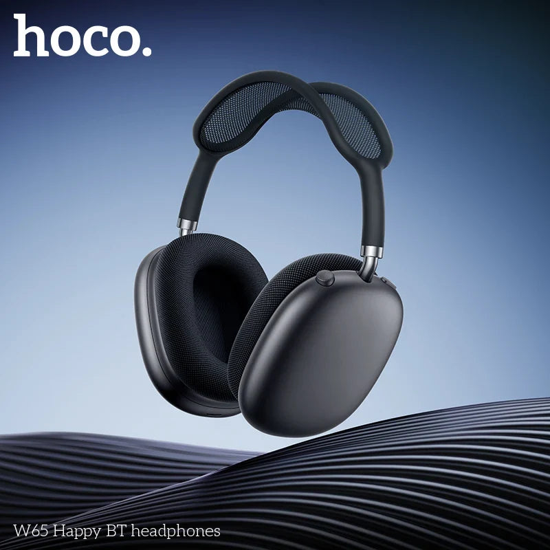 Black headphones with 'hoco.' branding on a blue gradient background