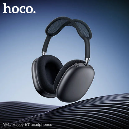 Black headphones with 'hoco.' branding on a blue gradient background