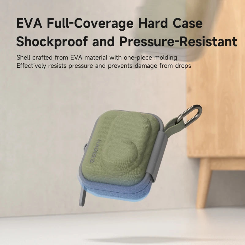 Green and blue EVA hard case with text highlighting its features on a neutral background