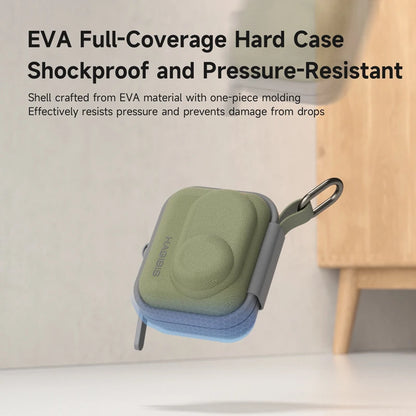 Green and blue EVA hard case with text highlighting its features on a neutral background