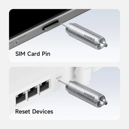 SIM card pin and reset device tool with 'HAGIBIS' branding on a white background