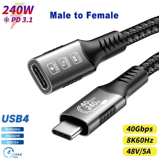 USB4 cable with male to female connector on a white background