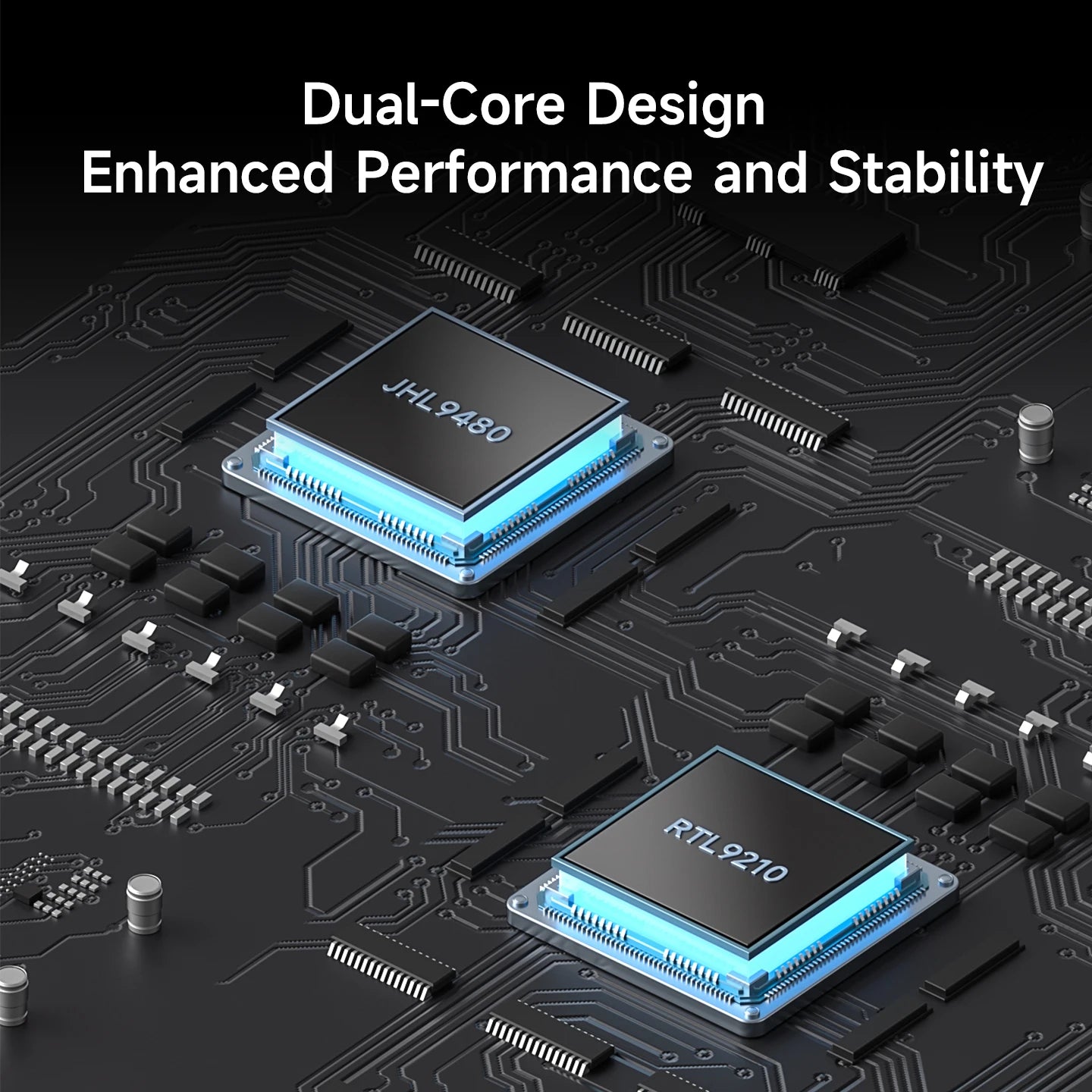 Two electronic chips on a circuit board with text about dual-core design.
