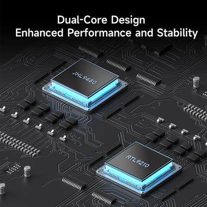 Two electronic chips on a circuit board with text about dual-core design.