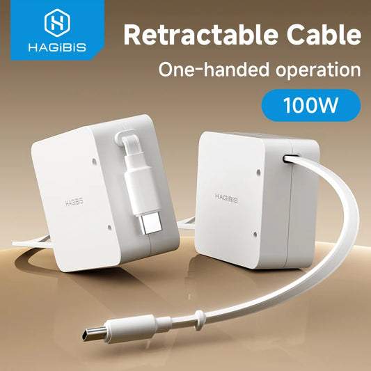 Retractable cable with HAGIBIS branding on a beige background