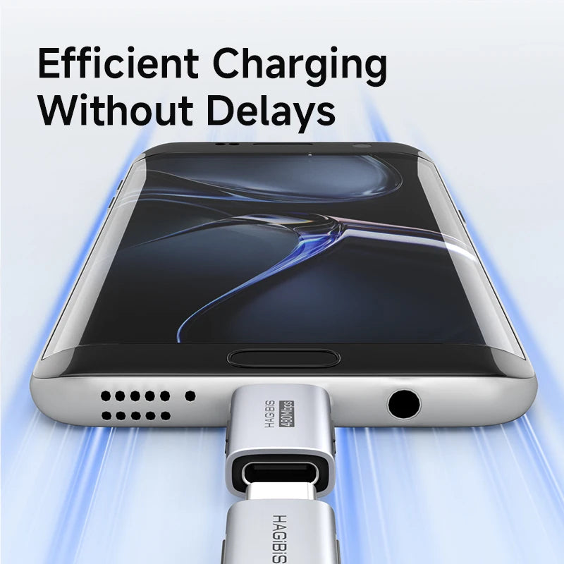 Smartphone with charging cable on a light blue background, emphasizing efficient charging without delays.