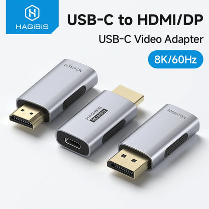 USB-C to HDMI/DP adapter with Hagibis branding on a white background