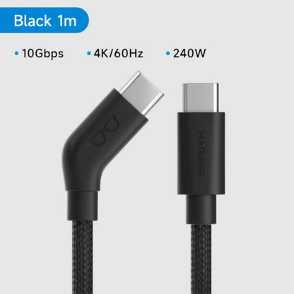 Black USB-C cable with specifications on a gray background