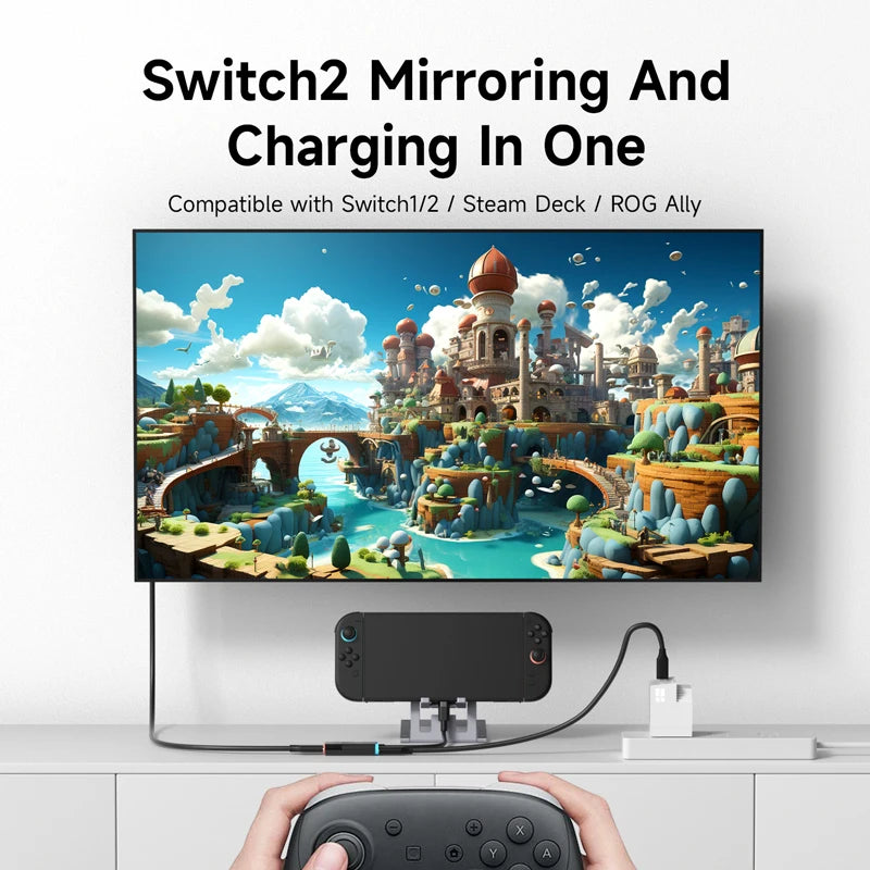 Gaming setup with screen mirroring and charging device, compatible with Switch1/2 and Steam Deck.