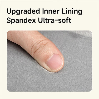 Text 'Upgraded Inner Lining Spandex Ultra-soft' above a close-up of a finger on gray fabric.