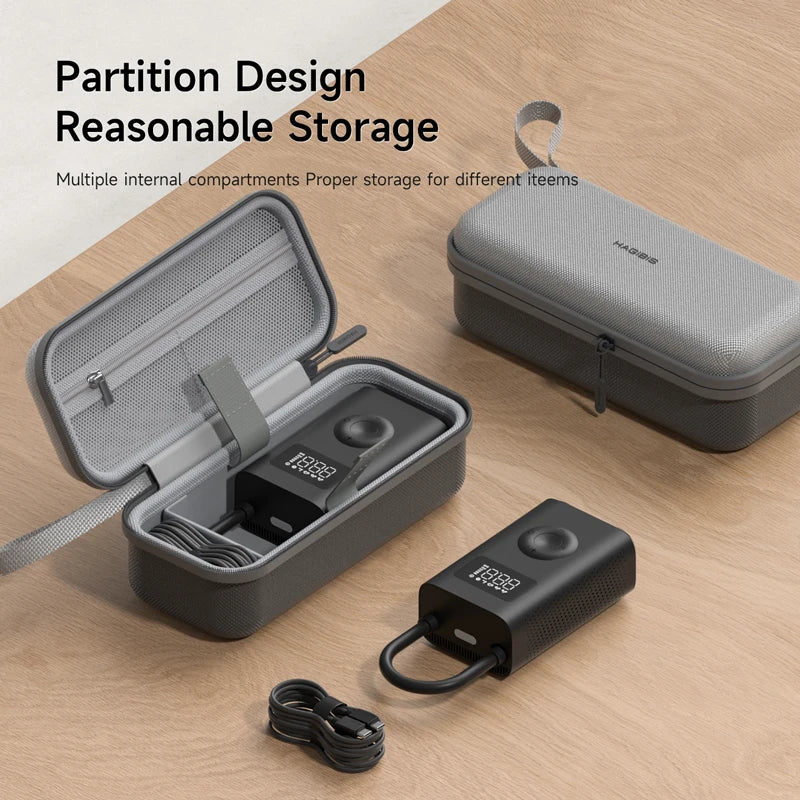 Gray carrying case with partition design on a wooden surface