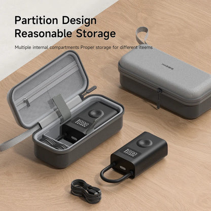 Gray carrying case with partition design on a wooden surface