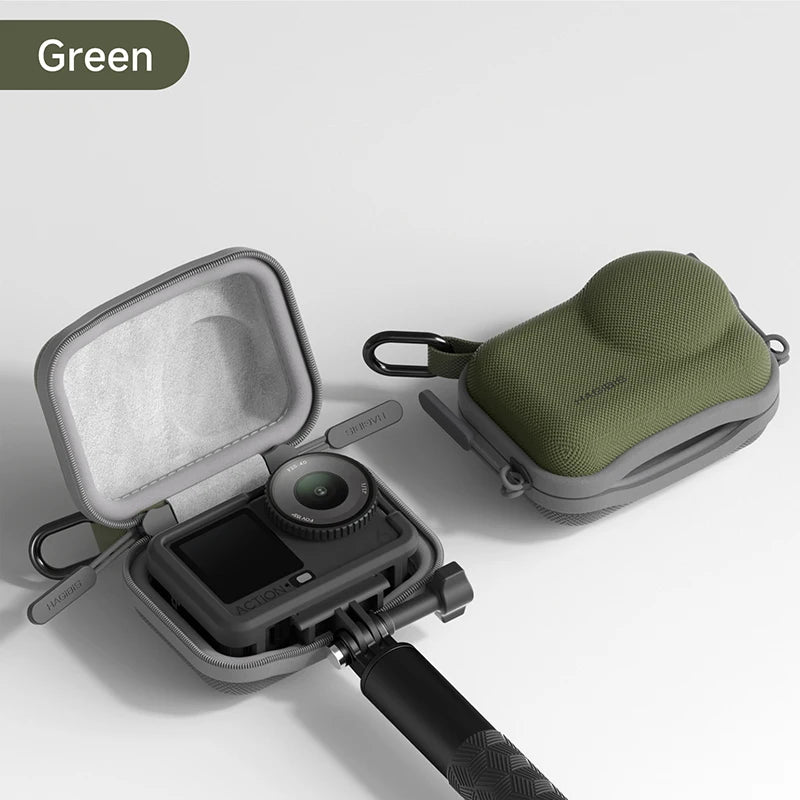 Green camera case with a camera inside on a light gray background