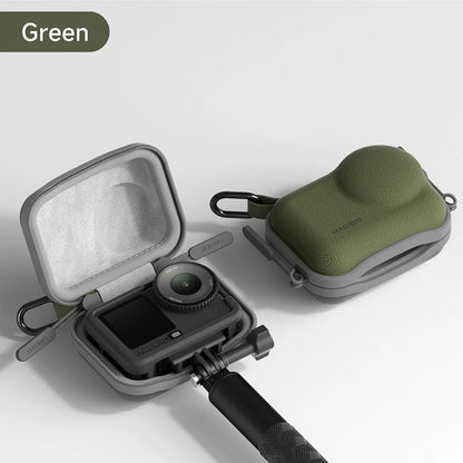 Green camera case with a camera inside on a light gray background